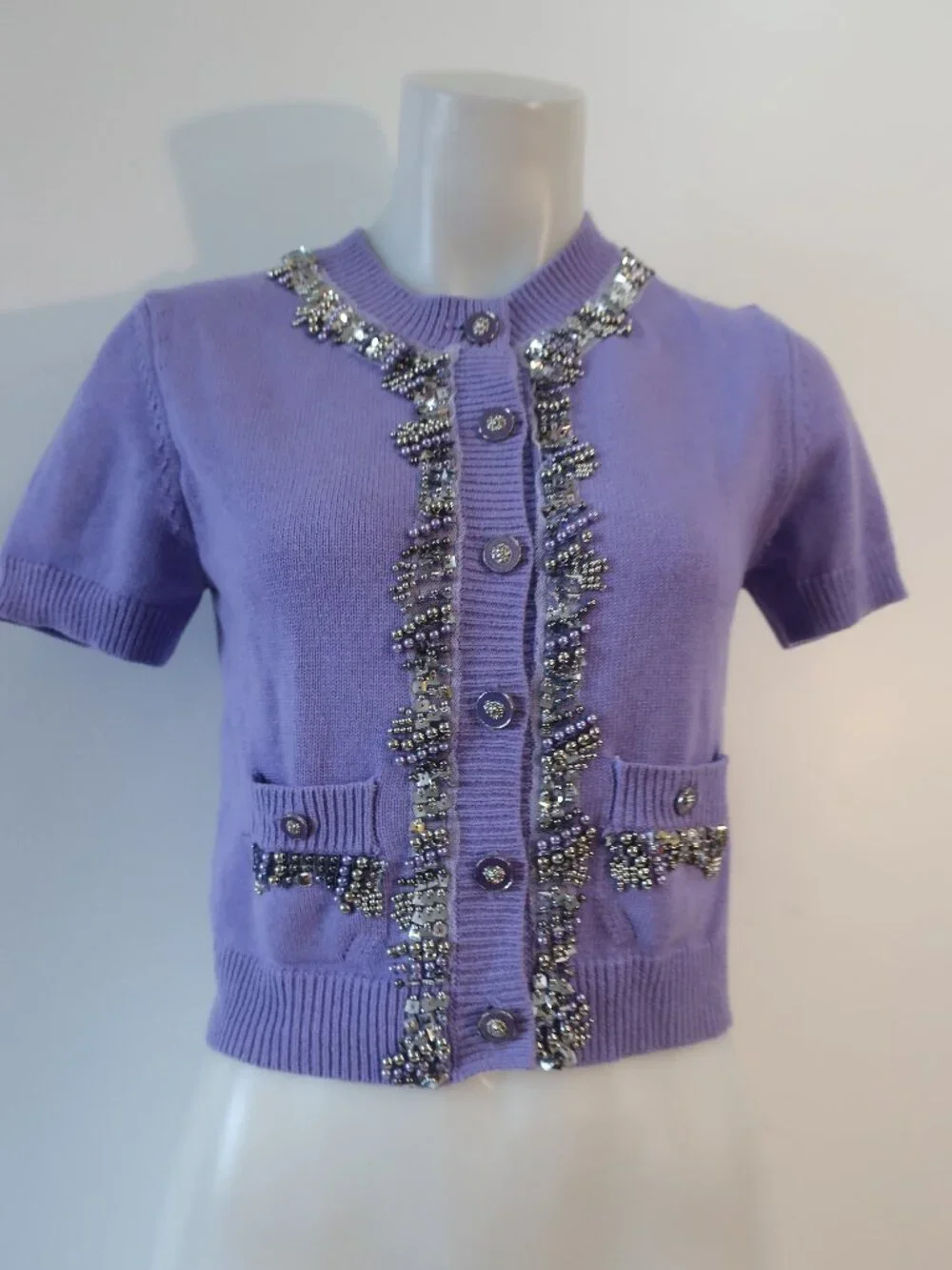 Authentic Chanel Purple Beaded (Item-143) Crop Wool Cardigan Sweater 40 US/6-8